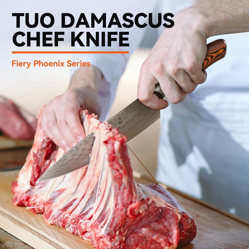 TUO سكين شيف TUO 8" من الفولاذ الياباني AUS-10، سكين مطبخ داماسكوس ب67 طبقة، شفرة من الفولاذ عالي الكربون بنمط التنين ومقبض باكاوود - Image 2